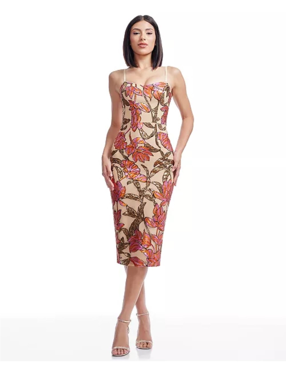 Dress the Population floral Midi Sheath Dress with Spaghetti Straps - Pink/Beige